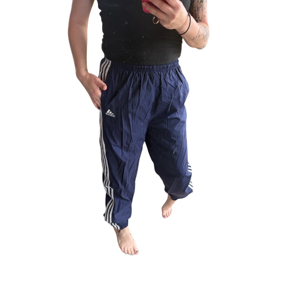 Vintage Adidas Track Pants Mens M Blue Nylon 3 Stripe Embroidered Logo Y2K Zip